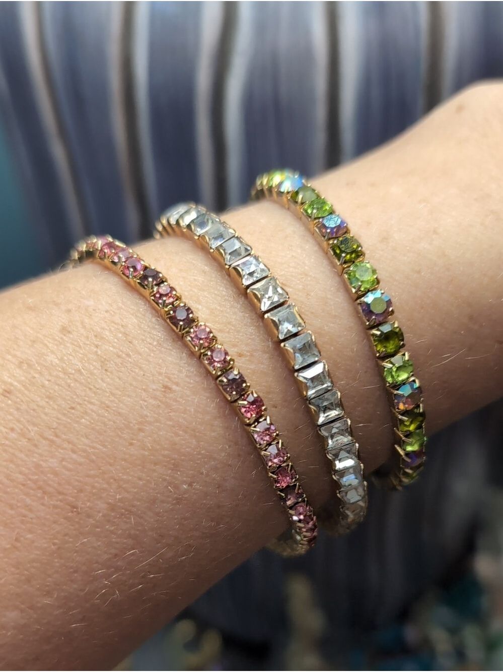 Pink Berry, Square & AB Green Crystal Tennis Bracelet Set - Women Jewelry - Picture 3 of 6